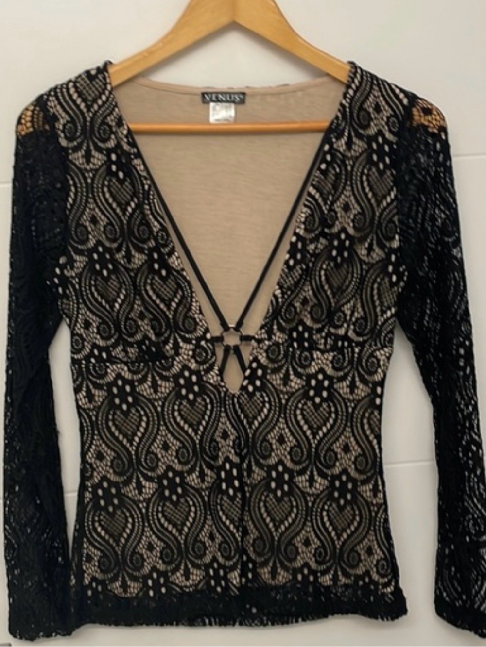 VENUS Black Lace Plunge V-Neck Top with Nude Underlay